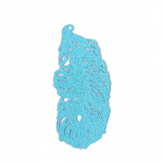 Picture of Brass Pendants Light Blue Feather Leaf Filigree Stamping 6cm x 2.7cm, 5 PCs                                                                                                                                                                                   