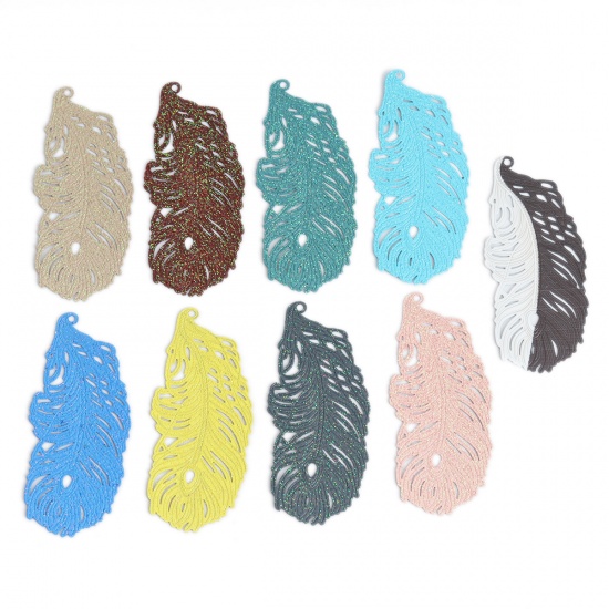 Picture of Brass Pendants Light Blue Feather Leaf Filigree Stamping 6cm x 2.7cm, 5 PCs                                                                                                                                                                                   