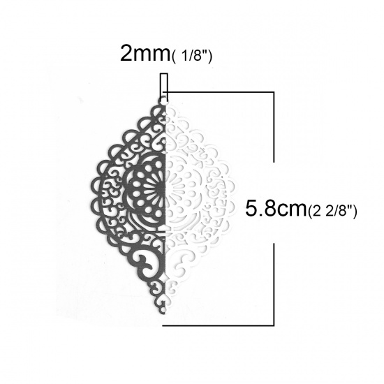 Picture of Brass Pendants Black & White Oval Heart Filigree Stamping 5.8cm x 3.7cm, 5 PCs                                                                                                                                                                                