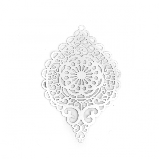 Picture of Brass Pendants Silver Tone Oval Heart Filigree Stamping 5.8cm x 3.7cm, 5 PCs                                                                                                                                                                                  