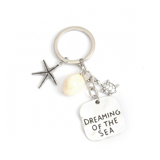 Picture of Ocean Jewelry Keychain & Keyring Antique Silver White Star Fish Tortoise Message " DREAMING OF THE SEA " 9.1cm, 1 Piece