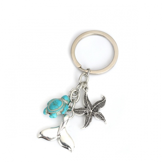 Picture of Ocean Jewelry Keychain & Keyring Antique Silver Blue Tortoise Animal Star Fish 8.2cm, 1 Piece