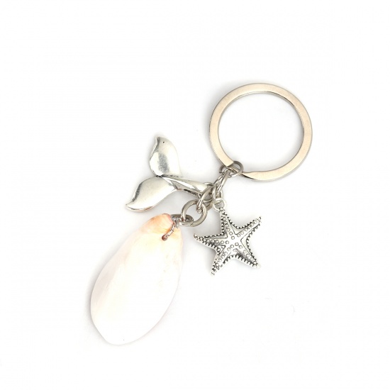 Picture of Keychain & Keyring Antique Silver White Fishtail Star Fish 9.7cm, 1 Piece