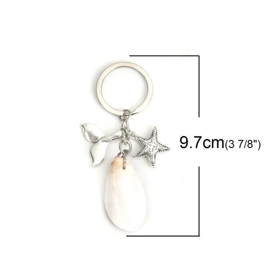 Bild von Schlüsselkette & Schlüsselring Antiksilber Weiß Fischschwanz Seesterne 9.7cm, 1 Stück