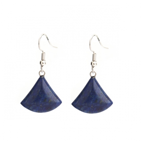 Picture of December Birthstone - Lapis Lazuli ( Natural ) Ear Wire Hook Earrings Deep Blue Fan-shaped 4cm x 2.1cm, Post/ Wire Size: (21 gauge), 1 Pair