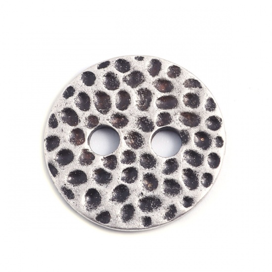 Picture of Zinc Based Alloy Sewing Buttons Two Holes Round Antique Silver Filled Dot Carved 18mm Dia., 10 PCs