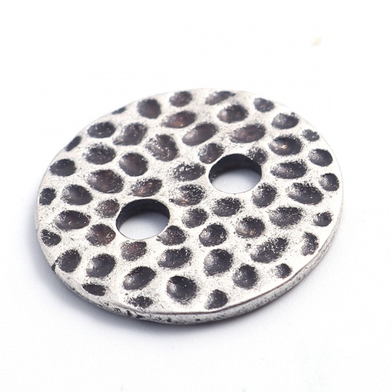 Picture of Zinc Based Alloy Sewing Buttons Two Holes Round Antique Silver Filled Dot Carved 18mm Dia., 10 PCs