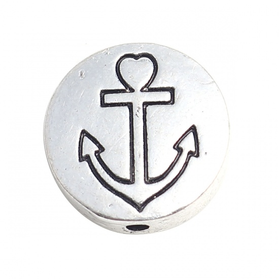 Picture of Zinc Based Alloy Ocean Jewelry Beads Round Antique Silver Color Anchor About 13mm Dia., Hole: Approx 1.6mm, 20 PCs
