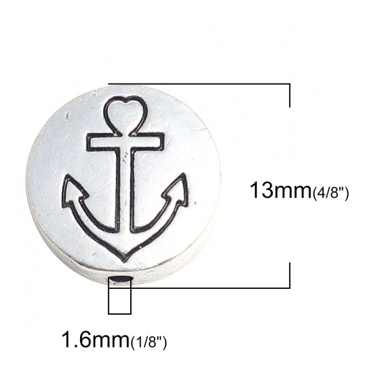Picture of Zinc Based Alloy Ocean Jewelry Beads Round Antique Silver Color Anchor About 13mm Dia., Hole: Approx 1.6mm, 20 PCs