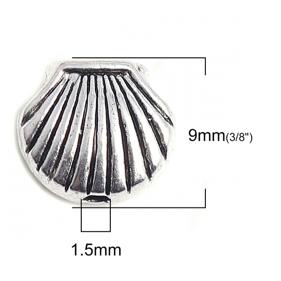 Picture of Zinc Based Alloy Ocean Jewelry Beads Shell Antique Silver Color 9mm x 8mm, Hole: Approx 1.5mm, 100 PCs