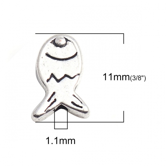 Picture of Zinc Based Alloy Ocean Jewelry Beads Fish Animal Antique Silver Color 11mm x 8mm, Hole: Approx 1.1mm, 100 PCs