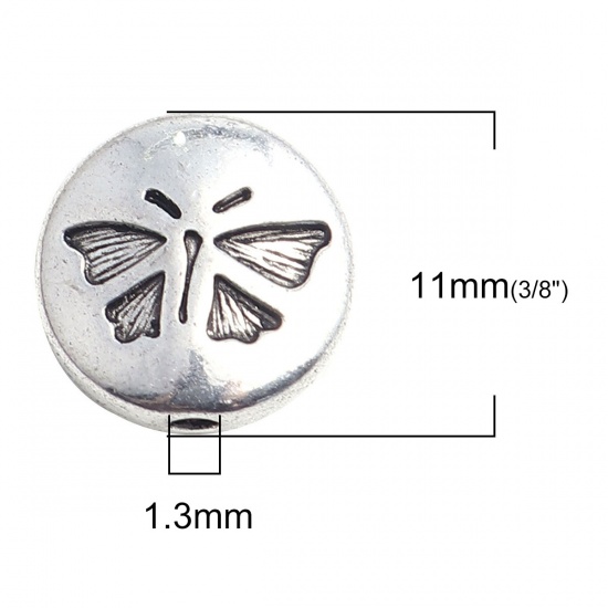 Picture of Zinc Based Alloy Beads Round Antique Silver Butterfly About 11mm Dia., Hole: Approx 1.3mm, 50 PCs