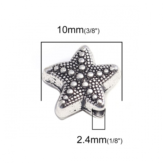 Picture of Zinc Based Alloy Ocean Jewelry Beads Star Fish Antique Silver Color 10mm x 10mm, Hole: Approx 2.4mm, 100 PCs
