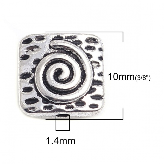 Picture of Zinc Based Alloy Ocean Jewelry Beads Square Antique Silver Color Spiral 10mm x 10mm, Hole: Approx 1.4mm, 50 PCs