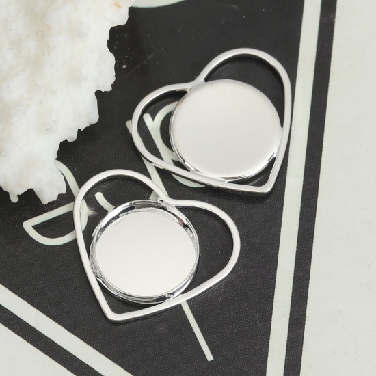 Immagine di Rame Basi per Cabochon Charms Cuore Argento Placcato (Adatto 12mm) 21mm x 19mm, 10 Pz