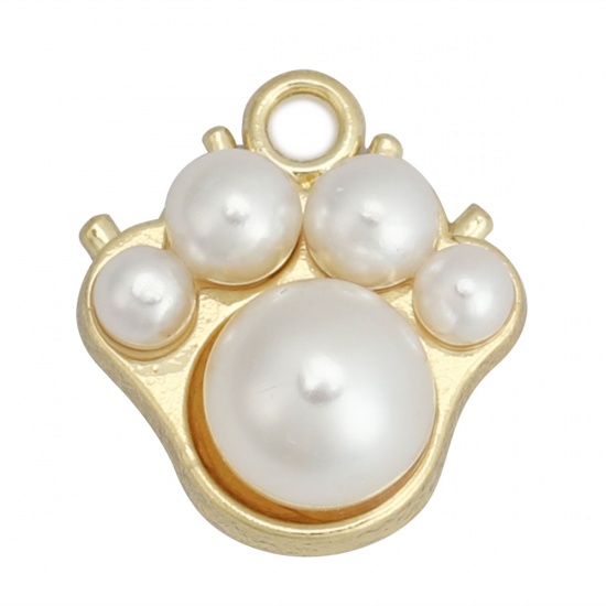 Picture of Zinc Based Alloy Pet Memorial Charms Paw Claw Gold Plated White Acrylic Imitation Pearl 15mm x 13mm, 10 PCs