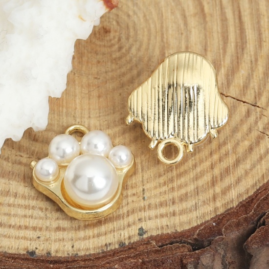 Picture of Zinc Based Alloy Pet Memorial Charms Paw Claw Gold Plated White Acrylic Imitation Pearl 15mm x 13mm, 10 PCs