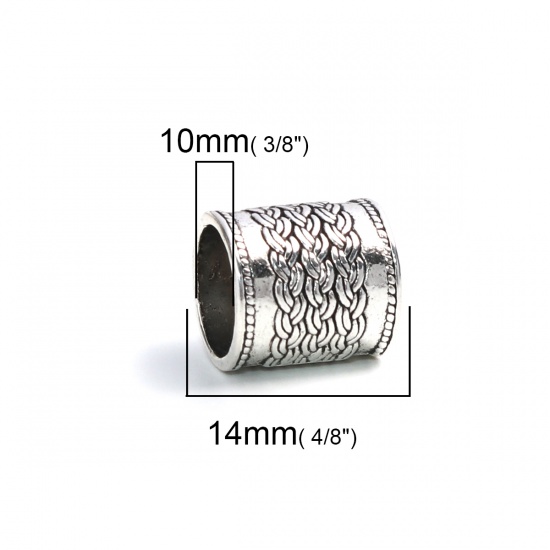 Picture of Zinc Based Alloy Spacer Beads Cylinder Antique Silver Color Carved Pattern 14mm x 13mm, Hole: Approx 10mm, 30 PCs