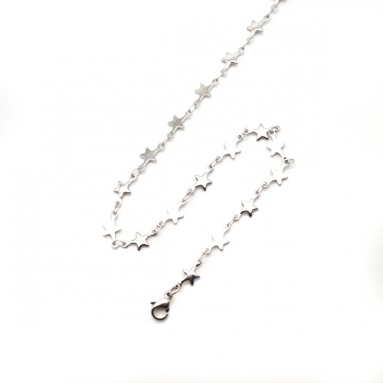 Imagen de 316 Acero Inoxidable Cadenas Collares Estrellas de cinco puntos Tono de Plata 45cm longitud, Cadena: 12x6mm, 10 Unidades