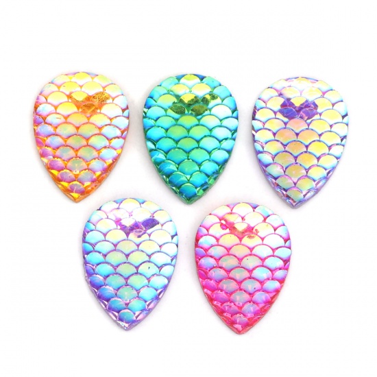 Picture of Resin Mermaid Fish/ Dragon Scale Dome Seals Cabochon Drop At Random Fish Scale Pattern AB Color 18mm x 13mm, 30 PCs