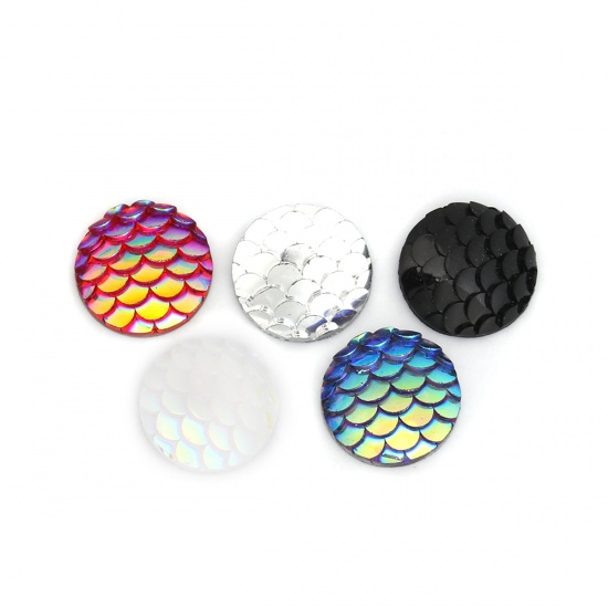 Picture of Resin Mermaid Fish/ Dragon Scale Dome Seals Cabochon Round At Random Fish Scale Pattern AB Color 12mm Dia., 50 PCs