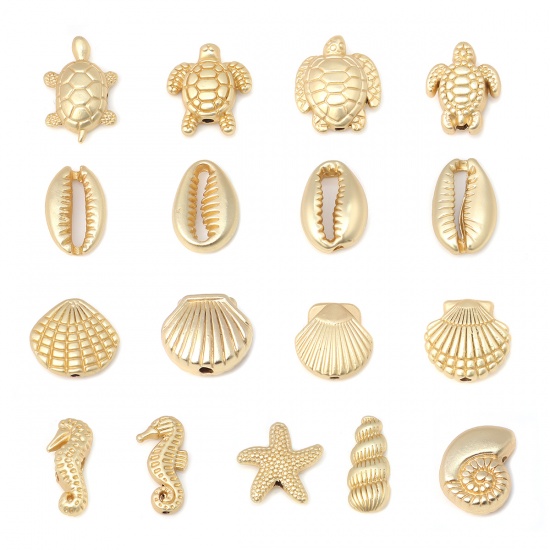 Picture of Zinc Based Alloy Ocean Jewelry Beads Sea Turtle Animal Matt Real Gold Plated 25mm x 17mm, Hole: Approx 2.5mm, 5 PCs