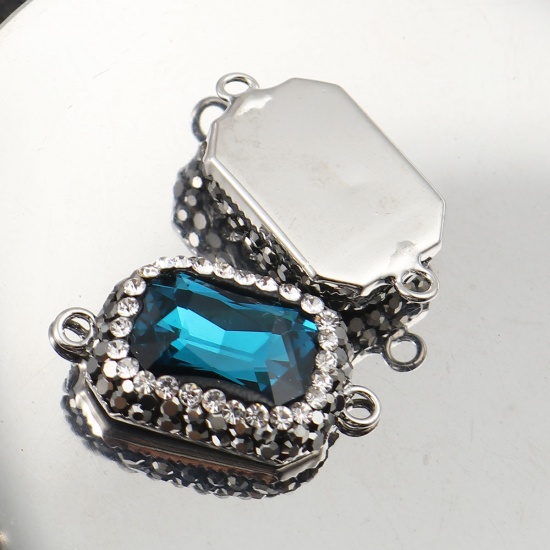Picture of Brass & Glass Connectors Rectangle Peacock Blue Faceted Clear Rhinestone 26mm x 15mm, 2 PCs                                                                                                                                                                   