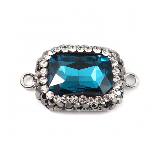 Bild von Messing + Glas Verbinder Rechteck Pfauenblau Facettiert Transparent Strass 26mm x 15mm, 2 Stück