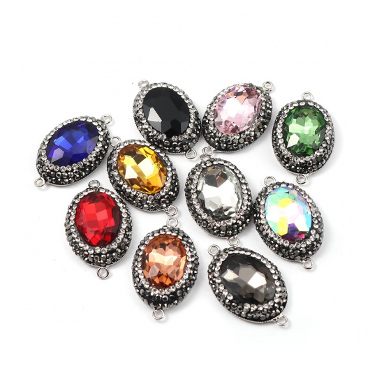 Immagine di Ottone + Vetro Connettore Ovale Nero Sfaccettato Trasparente Strass 33mm x 19mm, 2 Pz