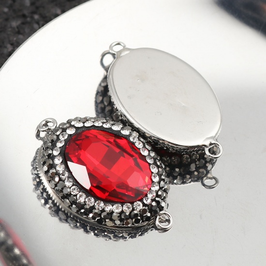 Immagine di Ottone + Vetro Connettore Ovale Rosso Sfaccettato Trasparente Strass 33mm x 19mm, 2 Pz