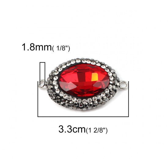 Immagine di Ottone + Vetro Connettore Ovale Rosso Sfaccettato Trasparente Strass 33mm x 19mm, 2 Pz