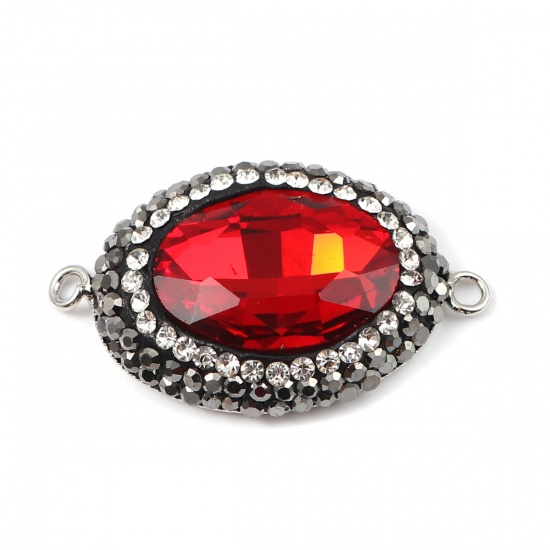 Immagine di Ottone + Vetro Connettore Ovale Rosso Sfaccettato Trasparente Strass 33mm x 19mm, 2 Pz