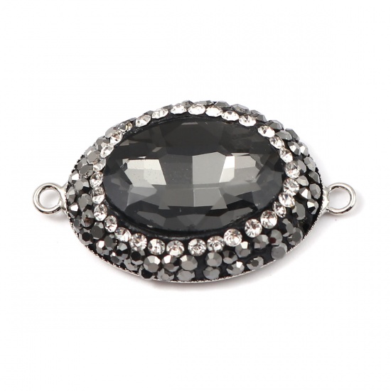 Immagine di Ottone + Vetro Connettore Ovale Nero Sfaccettato Trasparente Strass 33mm x 19mm, 2 Pz