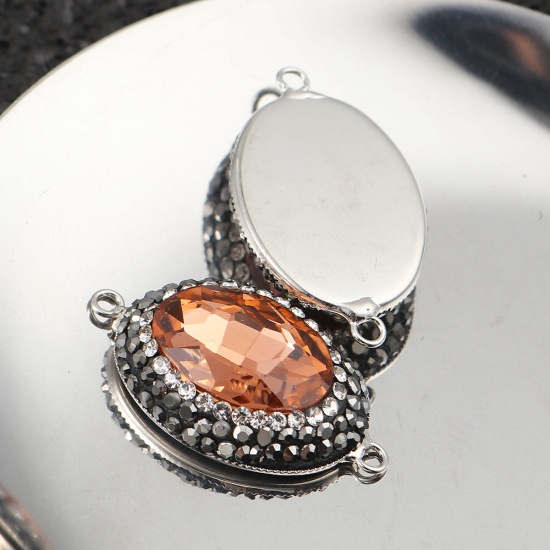 Immagine di Ottone + Vetro Connettore Ovale Arancione Sfaccettato Trasparente Strass 33mm x 19mm, 2 Pz