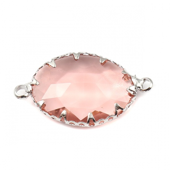 Picture of Brass Charms Oval Silver Tone Light Pink With Glass Cabochons Transparent Clear Faceted 25mm x 14mm, 3 PCs