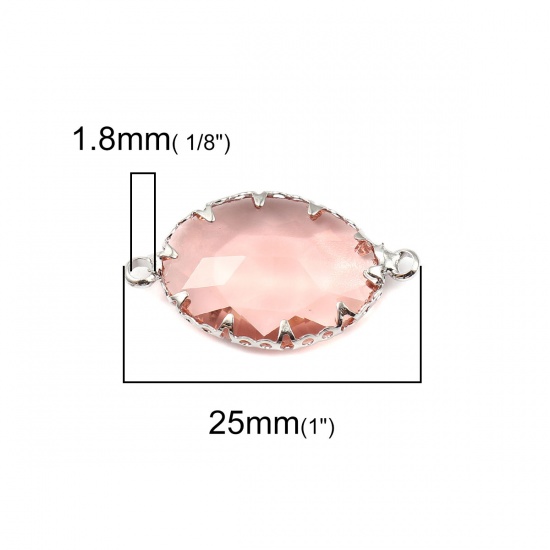 Picture of Brass Charms Oval Silver Tone Light Pink With Glass Cabochons Transparent Clear Faceted 25mm x 14mm, 3 PCs