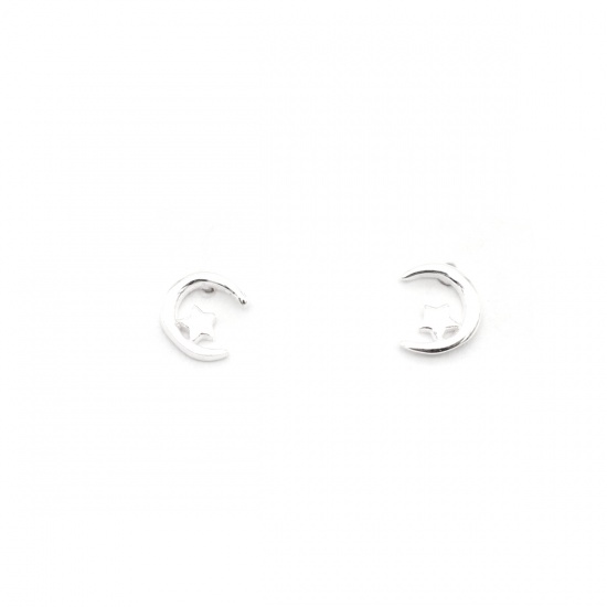 Picture of Sterling Silver Ear Post Stud Earrings Silver Half Moon Star 6mm x 5mm, Post/ Wire Size: (21 gauge), 1 Pair
