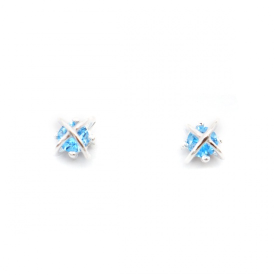 Picture of Sterling Silver Ear Post Stud Earrings Silver Arched Blue Rhinestone 5mm x 4mm, Post/ Wire Size: (21 gauge), 1 Pair