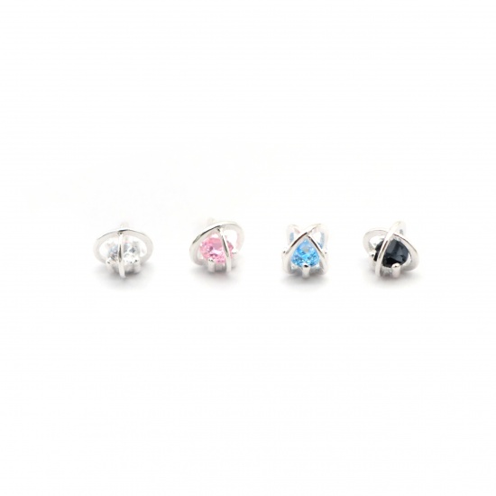 Picture of Sterling Silver Ear Post Stud Earrings Silver Arched Blue Rhinestone 5mm x 4mm, Post/ Wire Size: (21 gauge), 1 Pair