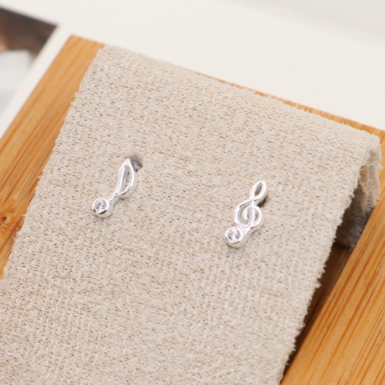 Picture of Sterling Silver Music Ear Post Stud Earrings Silver Musical Note Clear Rhinestone 9mm x 4mm - 8mm x 2.8mm, Post/ Wire Size: (21 gauge), 1 Pair