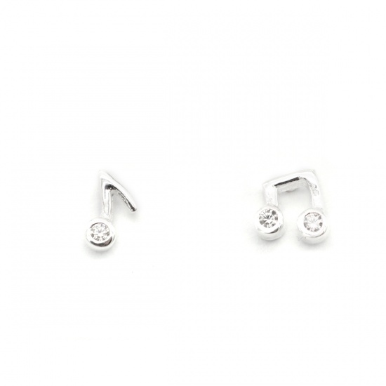 Picture of Sterling Silver Music Ear Post Stud Earrings Silver Musical Note Clear Rhinestone 5mm x 5mm - 5mm x 3mm, Post/ Wire Size: (21 gauge), 1 Pair