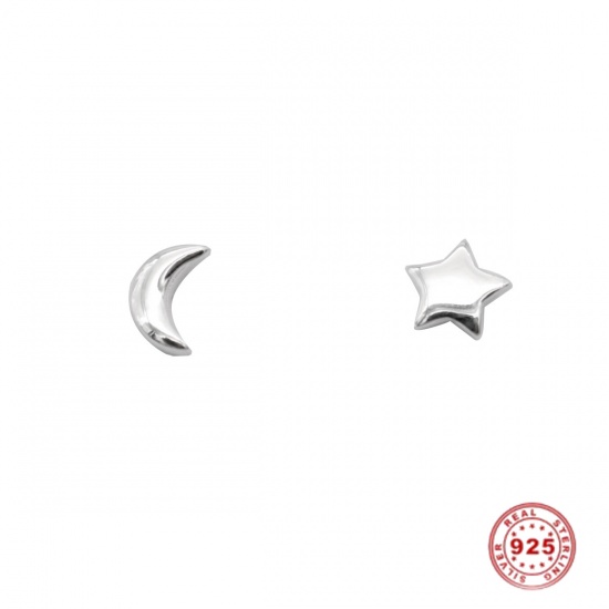 Image de Boucles d'Oreilles Puces en Argent Pur Argent Demi Lune Etoile 5mm x 2.8mm - 4mm x 4mm, Epaisseur de Fil: (21 gauge), 1 Paire