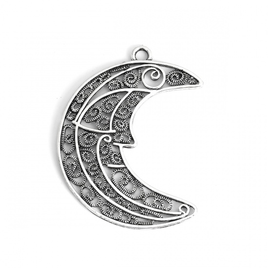 Image de Pendentifs Galaxie en Alliage de Zinc Demi Lune Argent Vieilli 66mm x 46mm, 3 Pcs