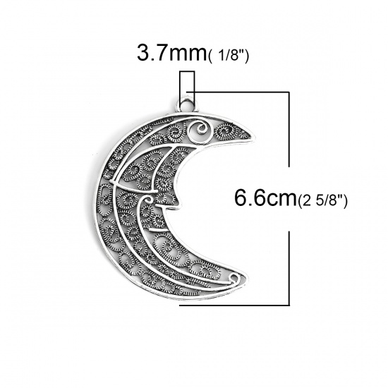 Image de Pendentifs Galaxie en Alliage de Zinc Demi Lune Argent Vieilli 66mm x 46mm, 3 Pcs