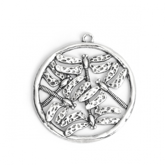 Picture of Zinc Based Alloy Pendants Round Antique Silver Color Dragonfly Hollow 70mm x 64mm, 3 PCs