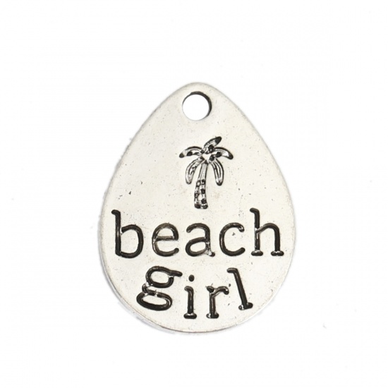 亜鉛合金 海ジュエリー チャーム 滴 ドロップ 銀古美 文字 " beach girl " 20mm x 15mm、 10 個 の画像