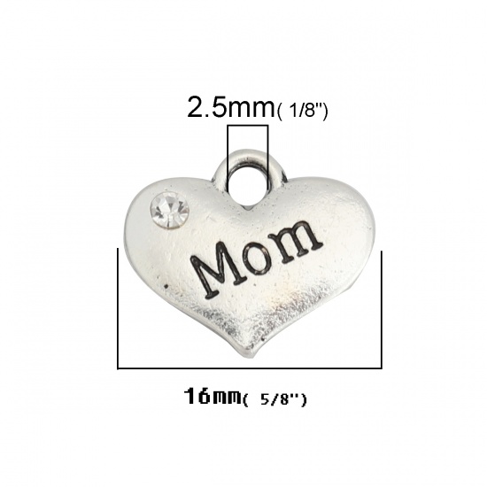 Picture of Zinc Based Alloy Charms Heart Antique Silver Message " Mom " Clear Rhinestone 16mm x 14mm, 10 PCs