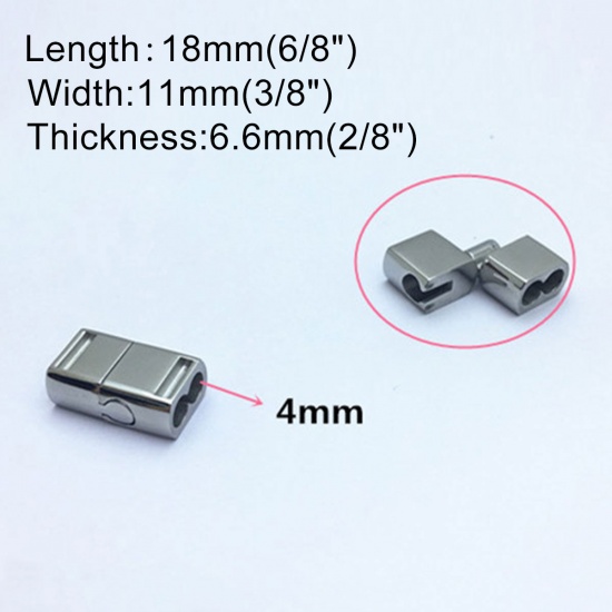 Picture of 304 Stainless Steel Casting Magnetic Clasps Rectangle Silver Tone (Fits 7mm x 1.3mm) 18mm x 11mm, 1 Piece