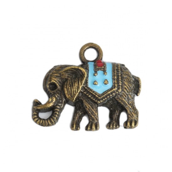 Picture of Zinc Based Alloy Boho Chic Bohemia Charms Elephant Animal Antique Bronze Skyblue Enamel 23mm x 20mm, 10 PCs