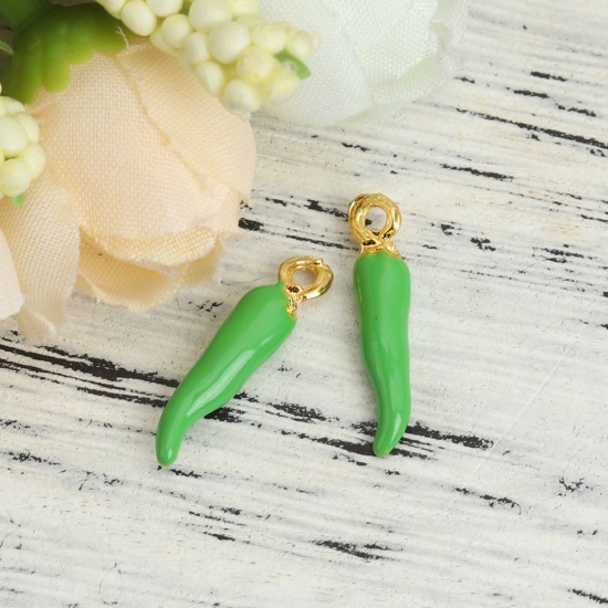 Picture of Zinc Based Alloy Charms Chili Gold Plated Green Enamel 20mm x 4mm, 10 PCs